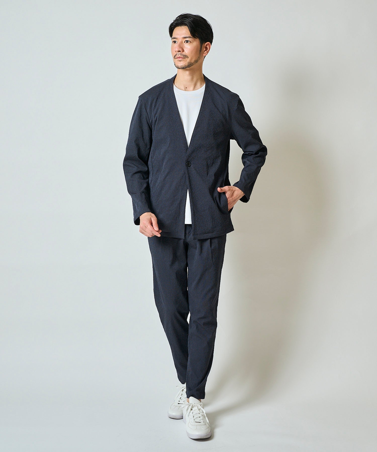 楊柳ストレッチノーカラージャケット