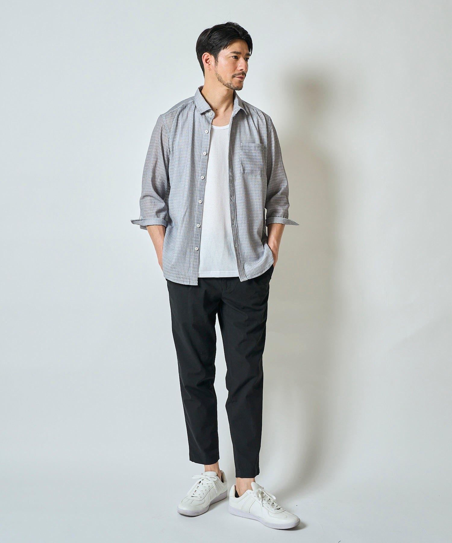 通気性の良いグレンチェック柄プリント7分袖シャツ