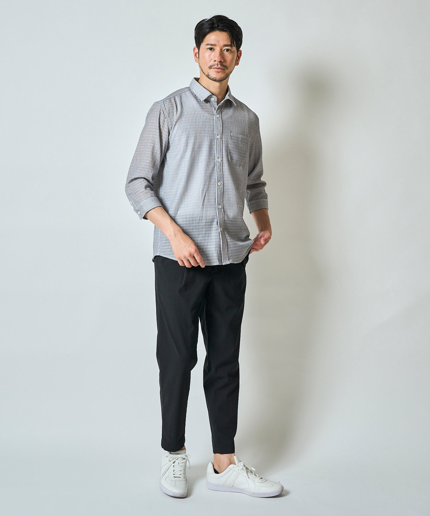 通気性の良いグレンチェック柄プリント7分袖シャツ