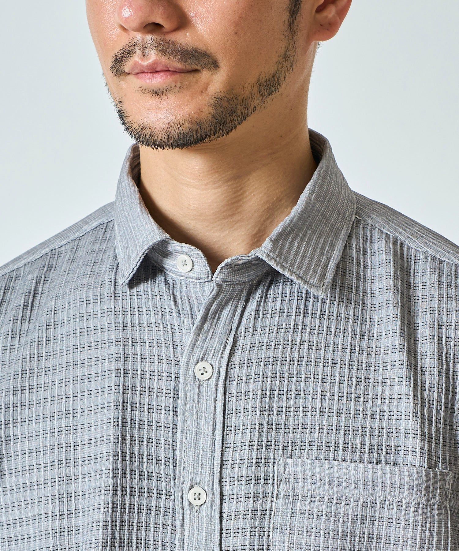 通気性の良いグレンチェック柄プリント7分袖シャツ