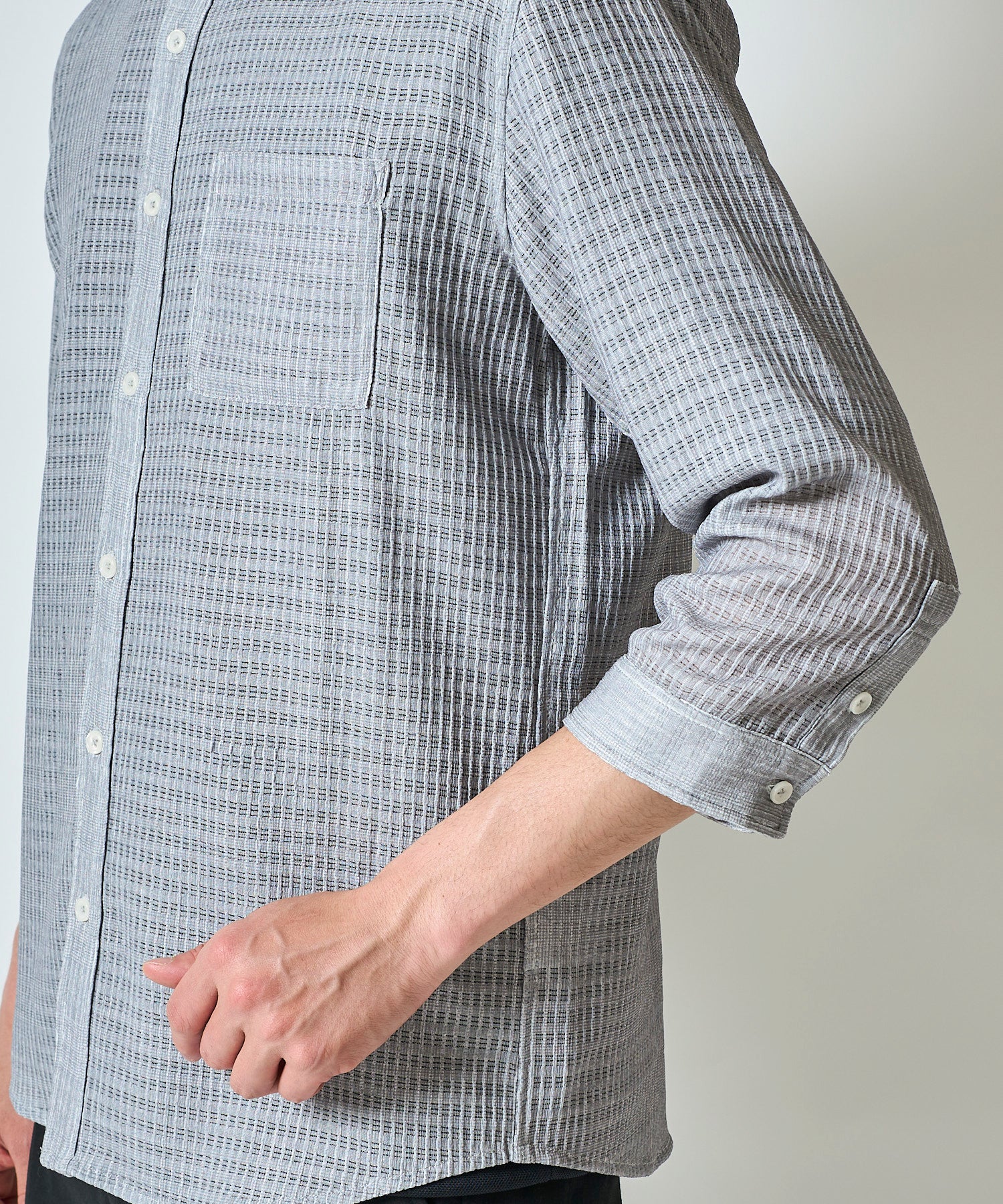 通気性の良いグレンチェック柄プリント7分袖シャツ