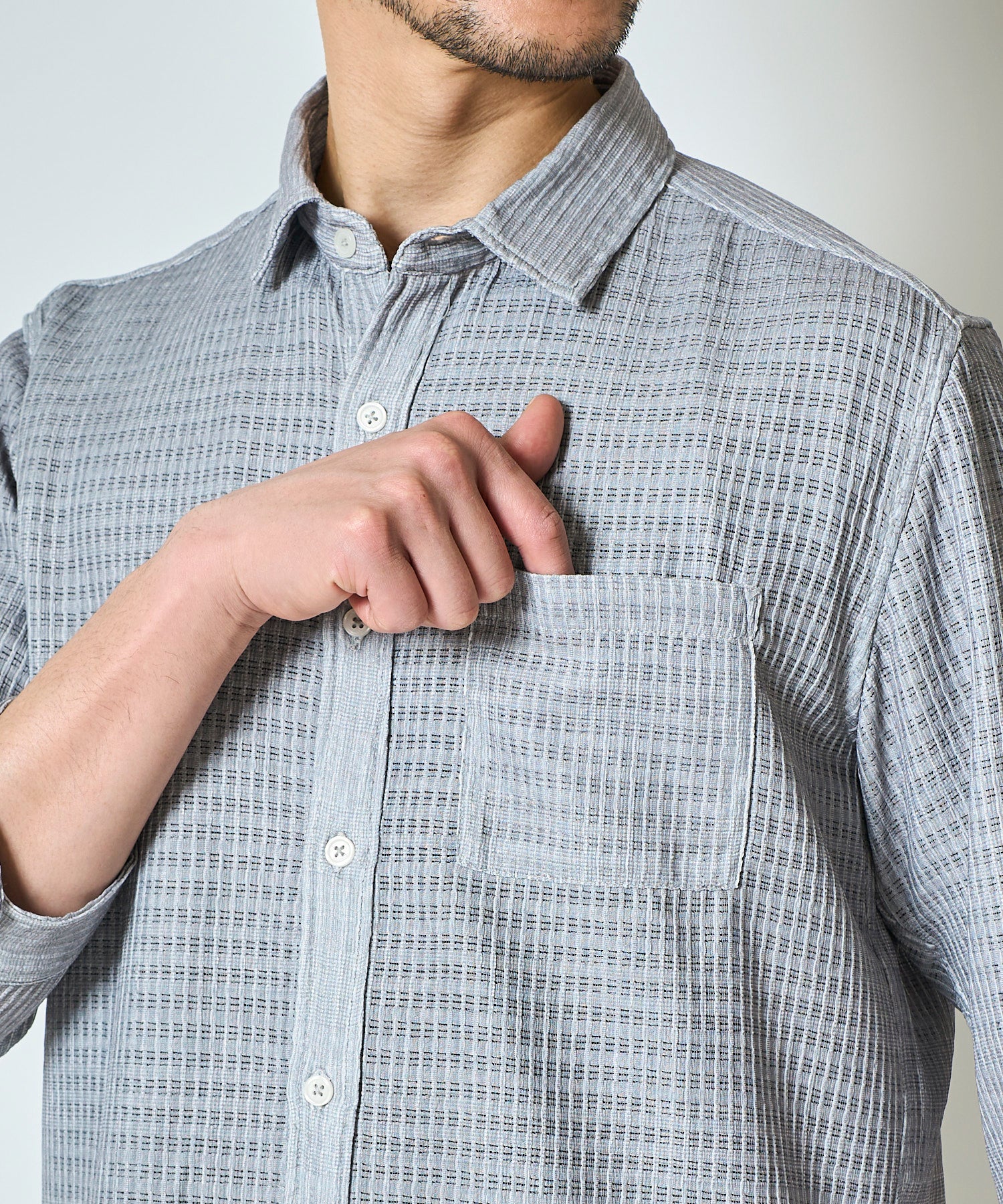 通気性の良いグレンチェック柄プリント7分袖シャツ