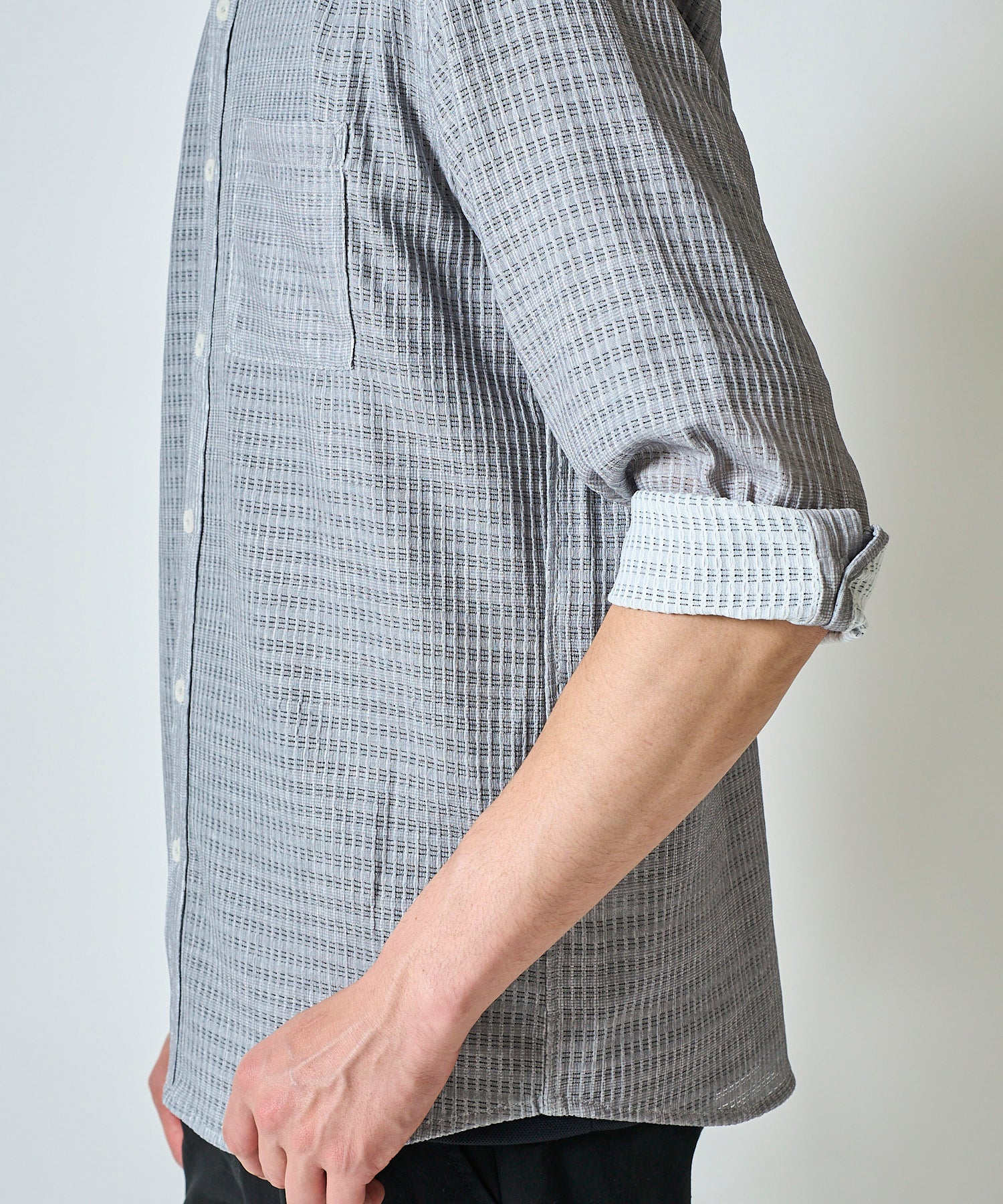 通気性の良いグレンチェック柄プリント7分袖シャツ