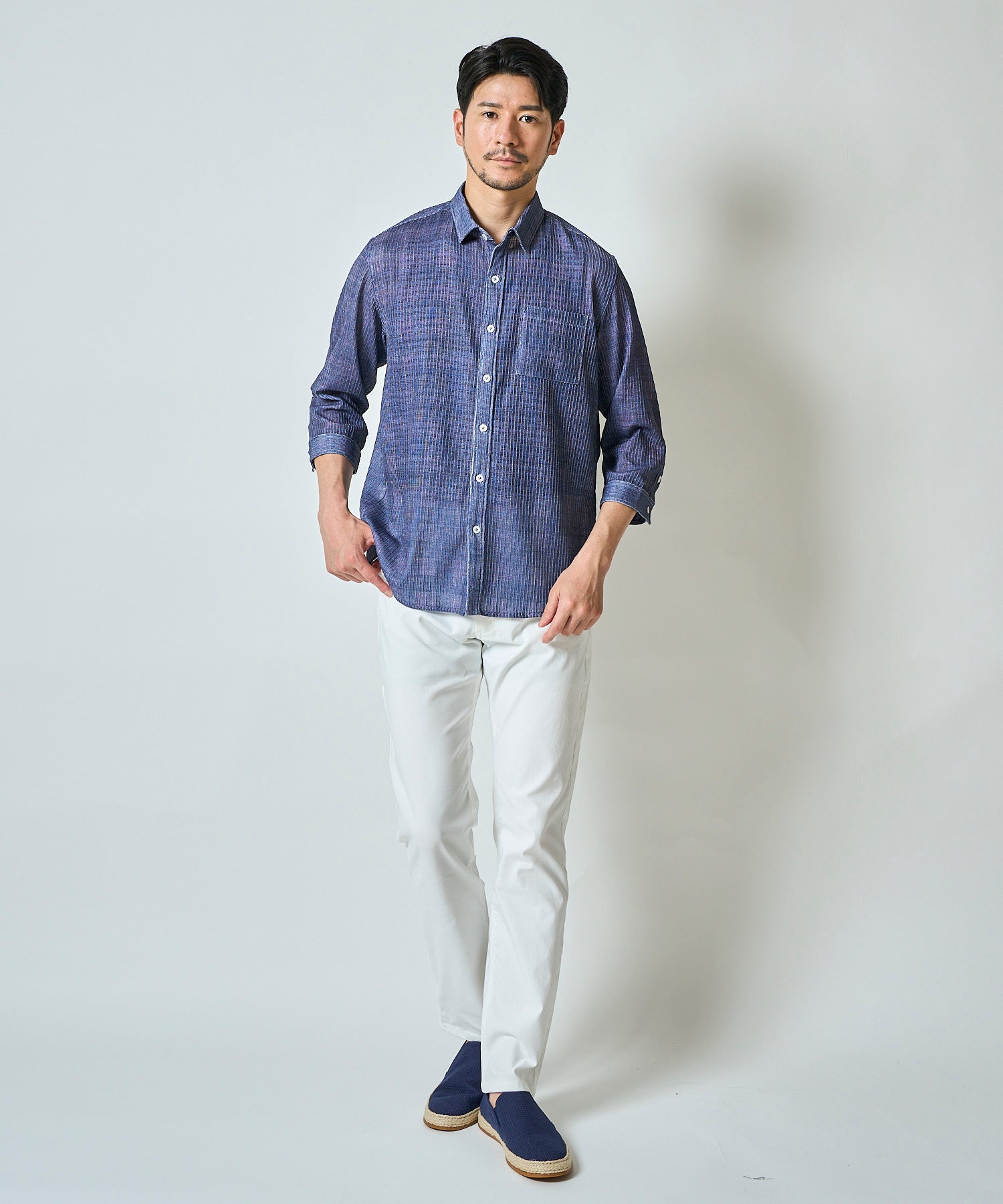 通気性の良いグレンチェック柄プリント7分袖シャツ