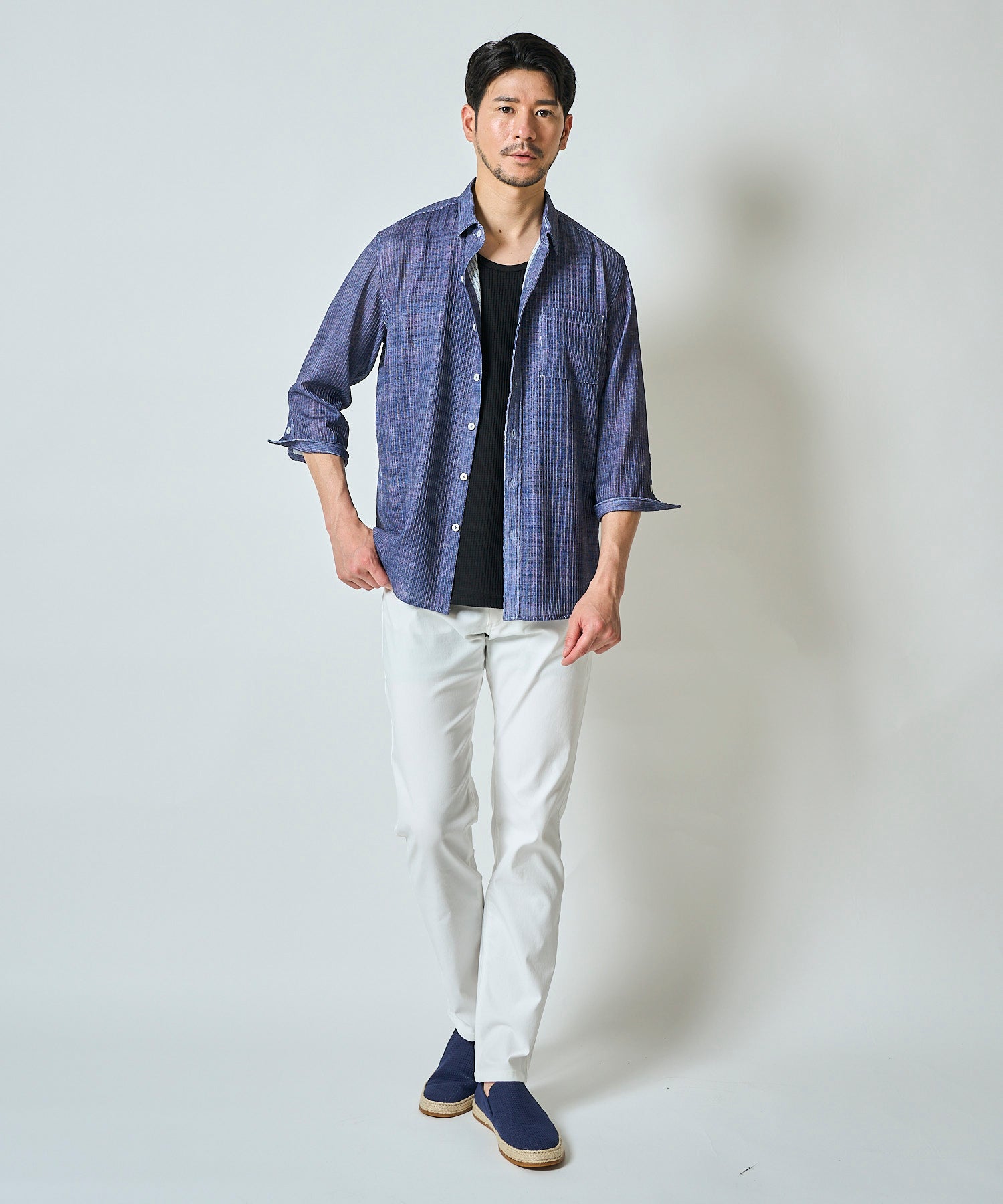 通気性の良いグレンチェック柄プリント7分袖シャツ