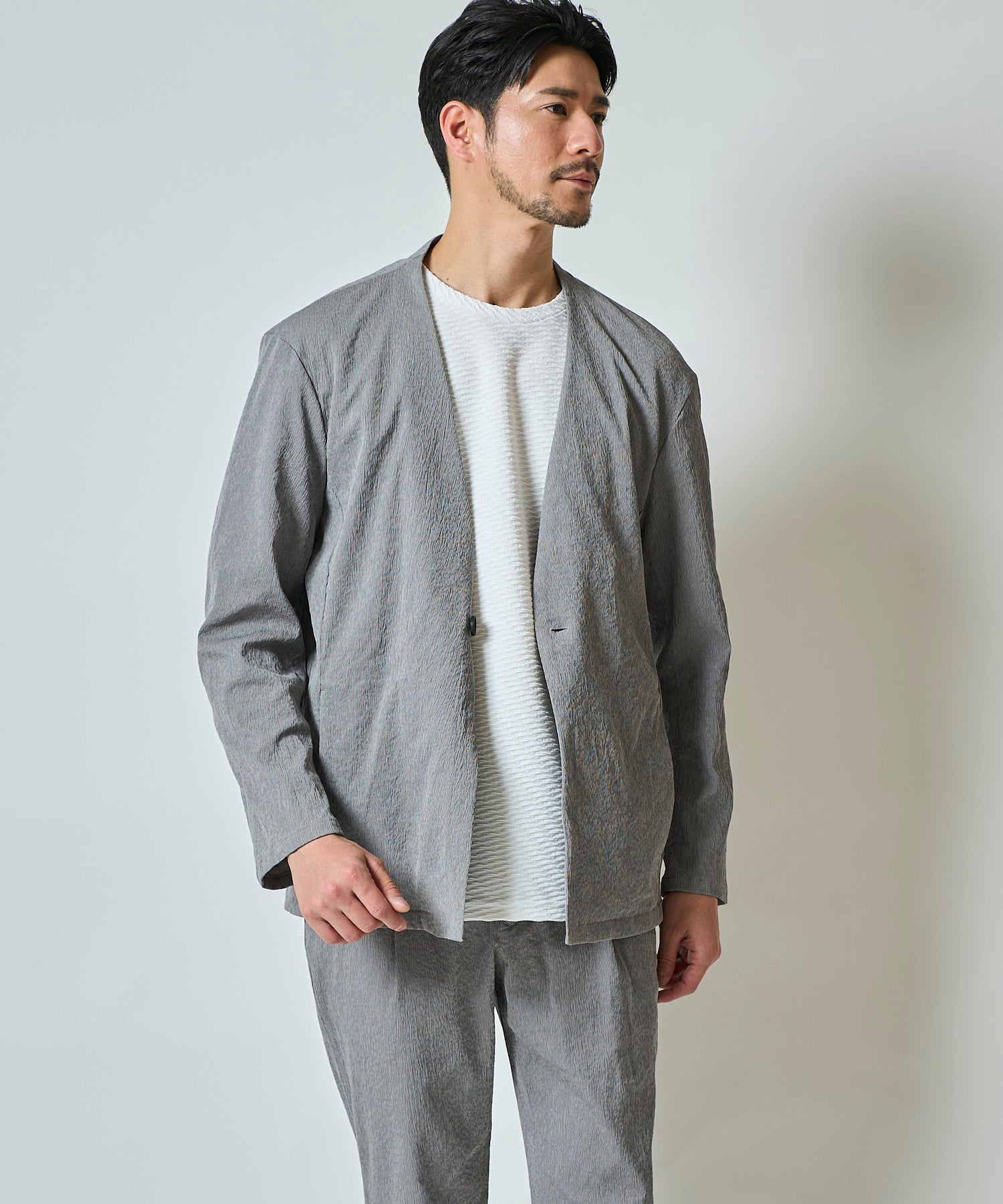 楊柳ストレッチノーカラージャケット