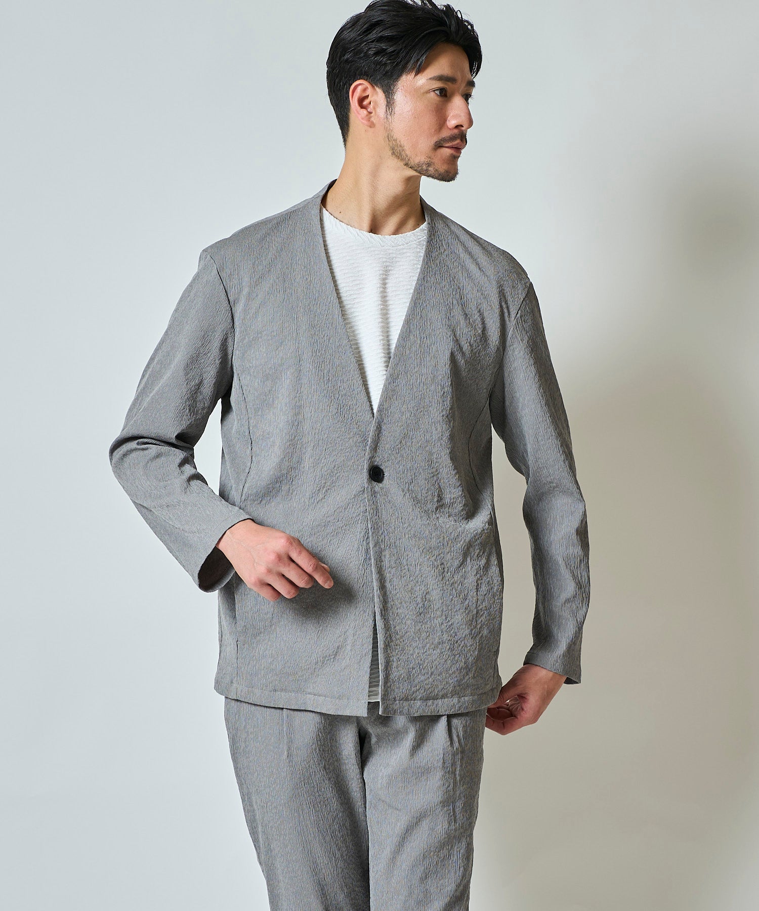 楊柳ストレッチノーカラージャケット