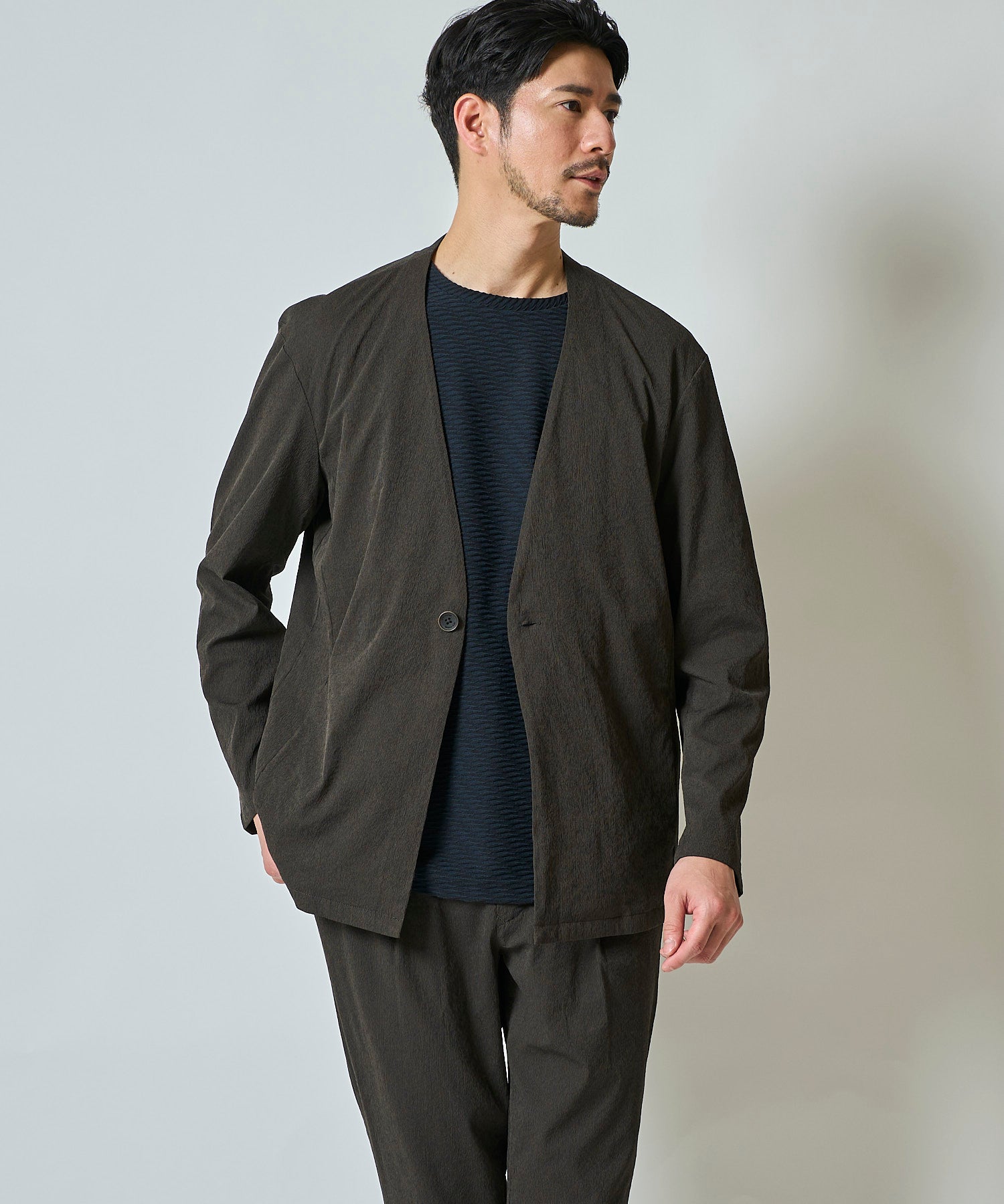 楊柳ストレッチノーカラージャケット