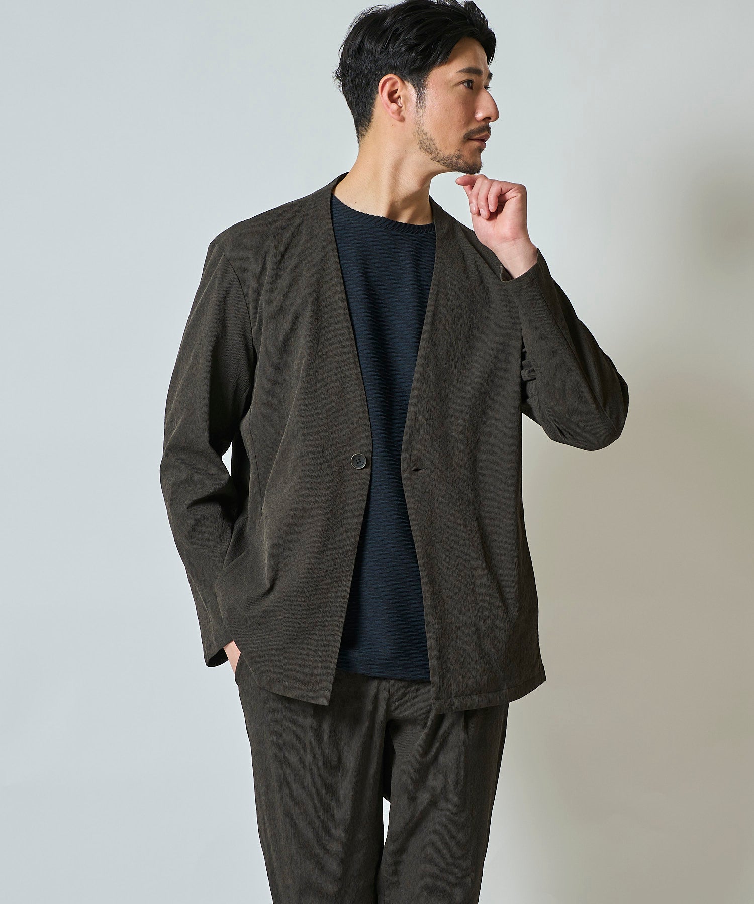 楊柳ストレッチノーカラージャケット