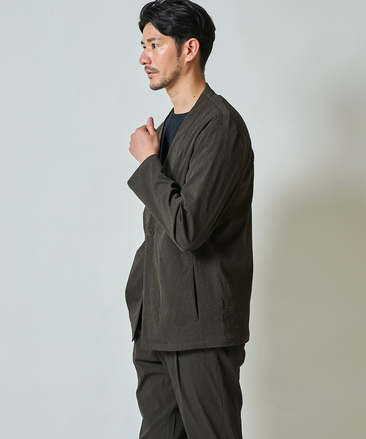 楊柳ストレッチノーカラージャケット