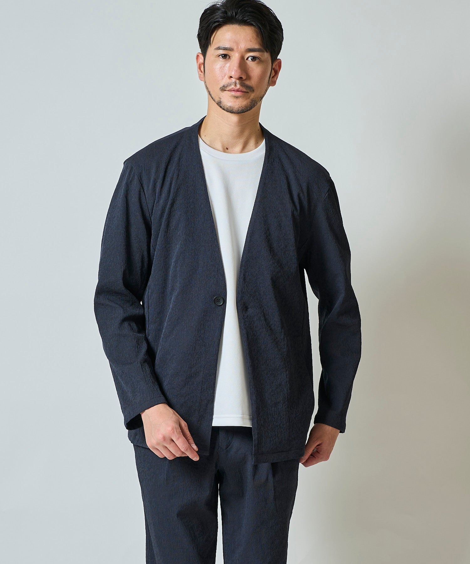 楊柳ストレッチノーカラージャケット