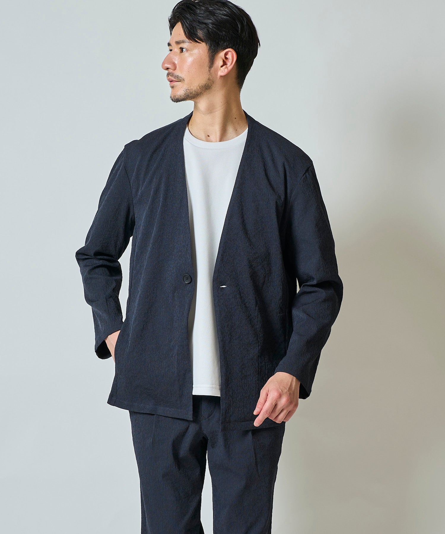 楊柳ストレッチノーカラージャケット