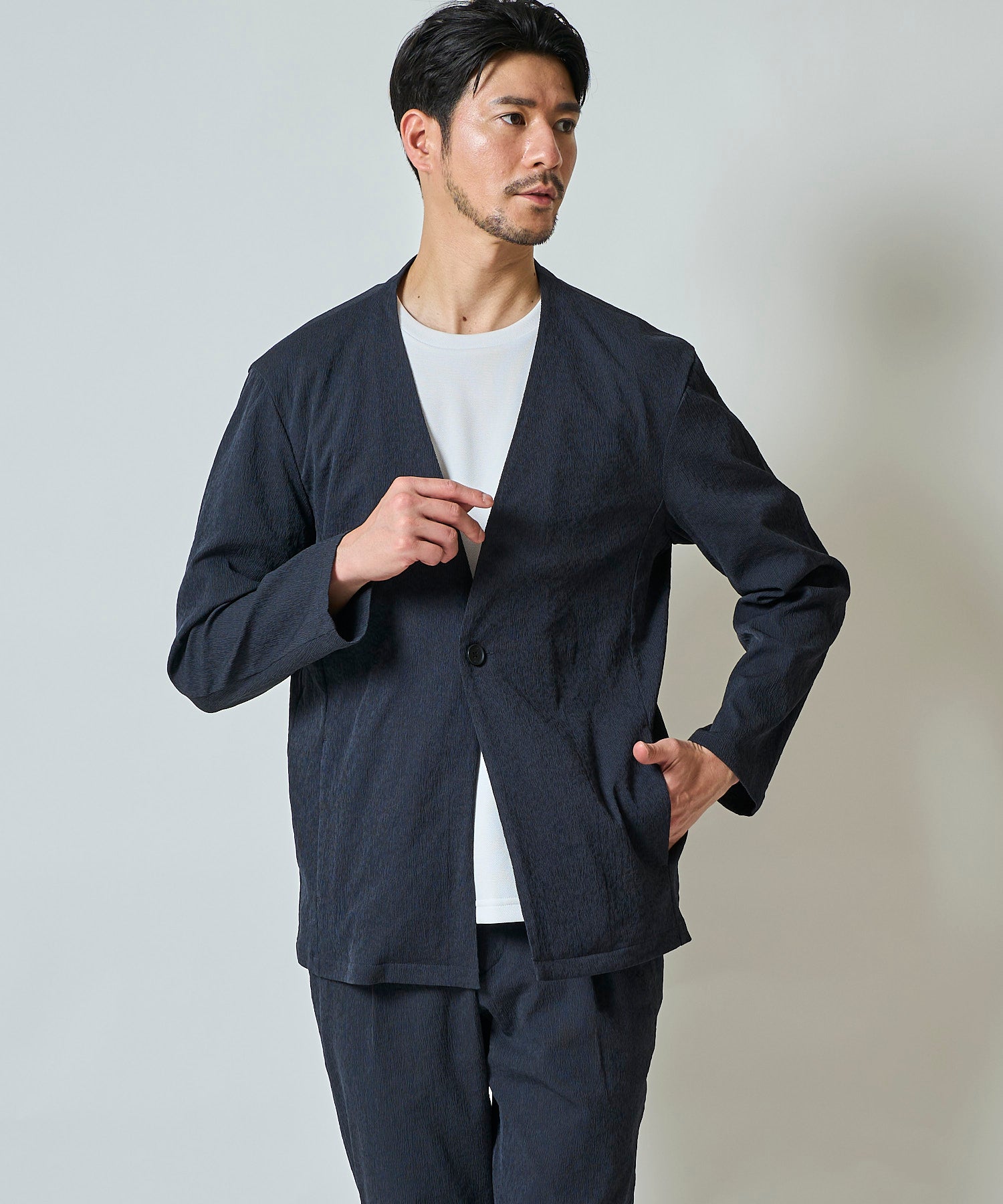 楊柳ストレッチノーカラージャケット