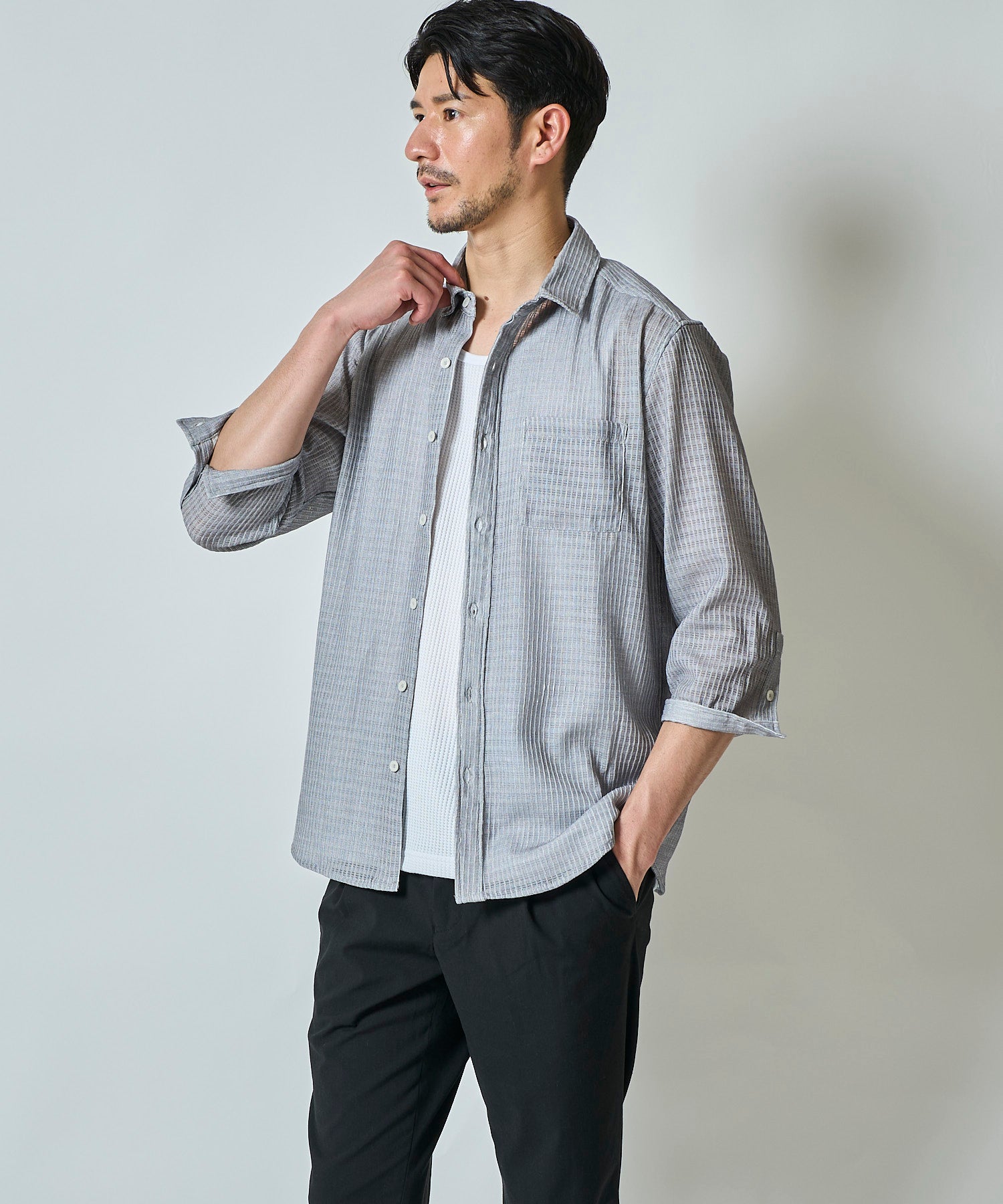 通気性の良いグレンチェック柄プリント7分袖シャツ