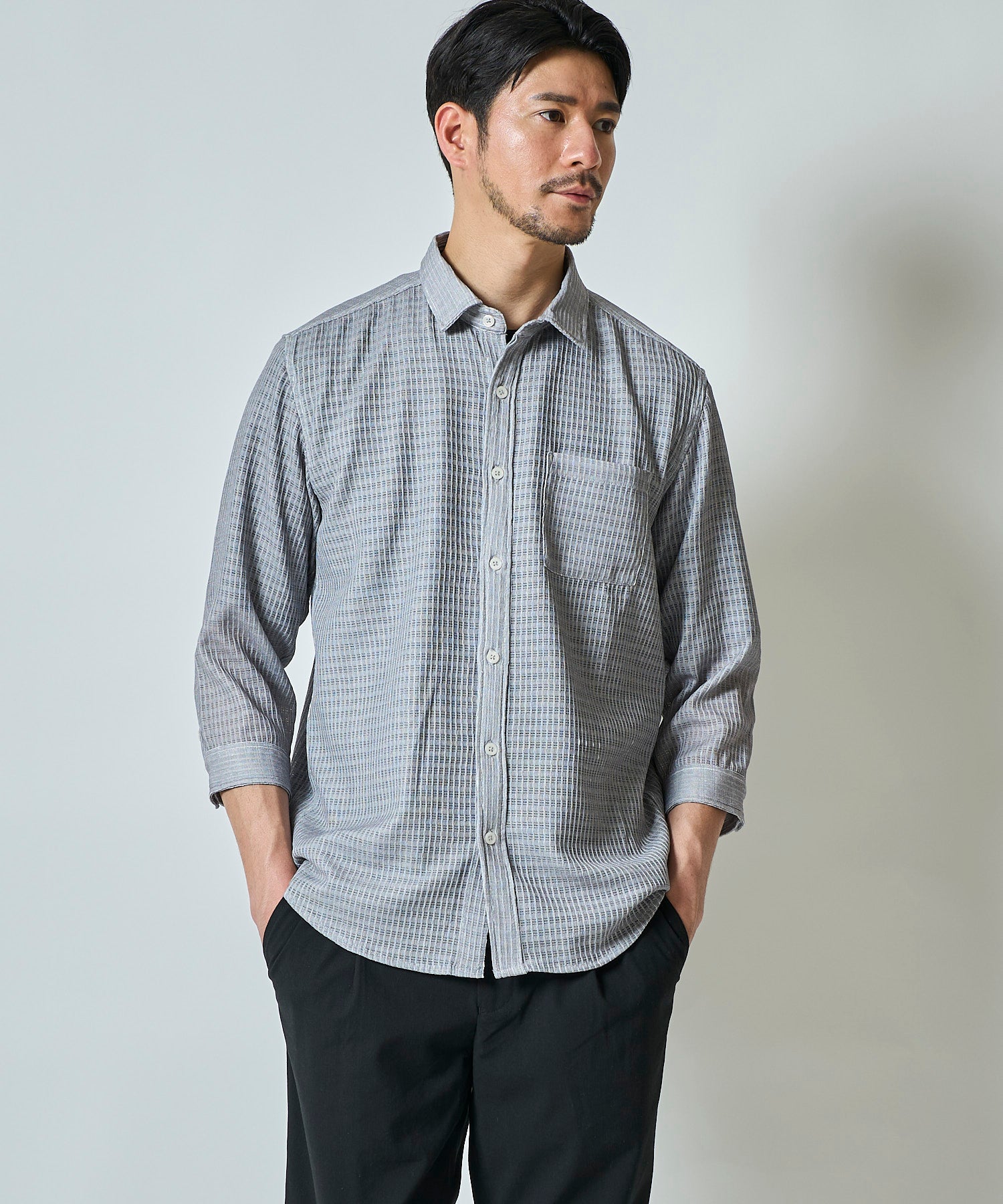 通気性の良いグレンチェック柄プリント7分袖シャツ