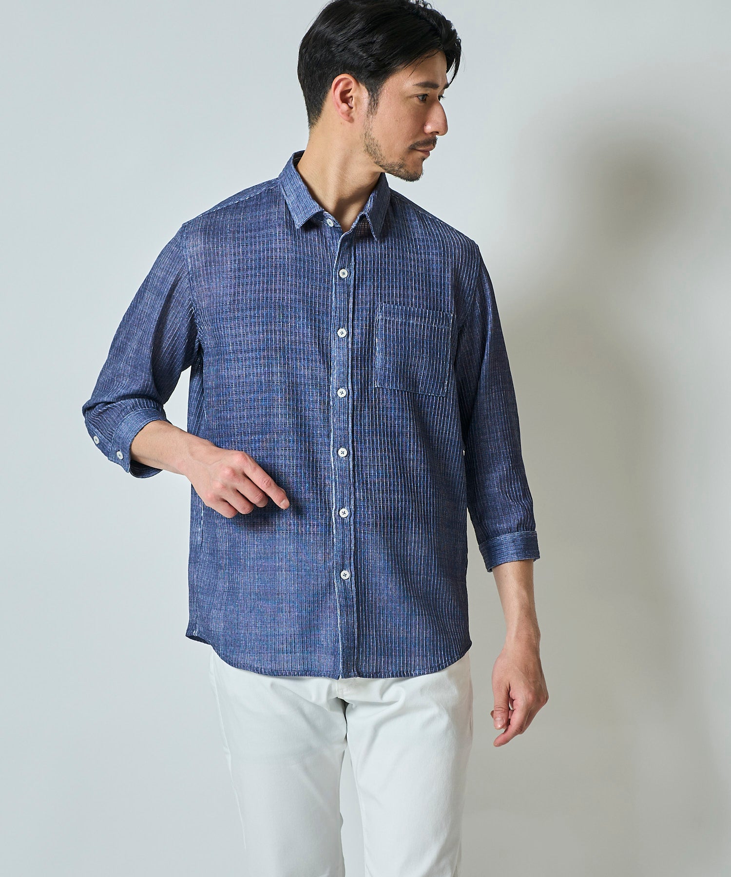 通気性の良いグレンチェック柄プリント7分袖シャツ