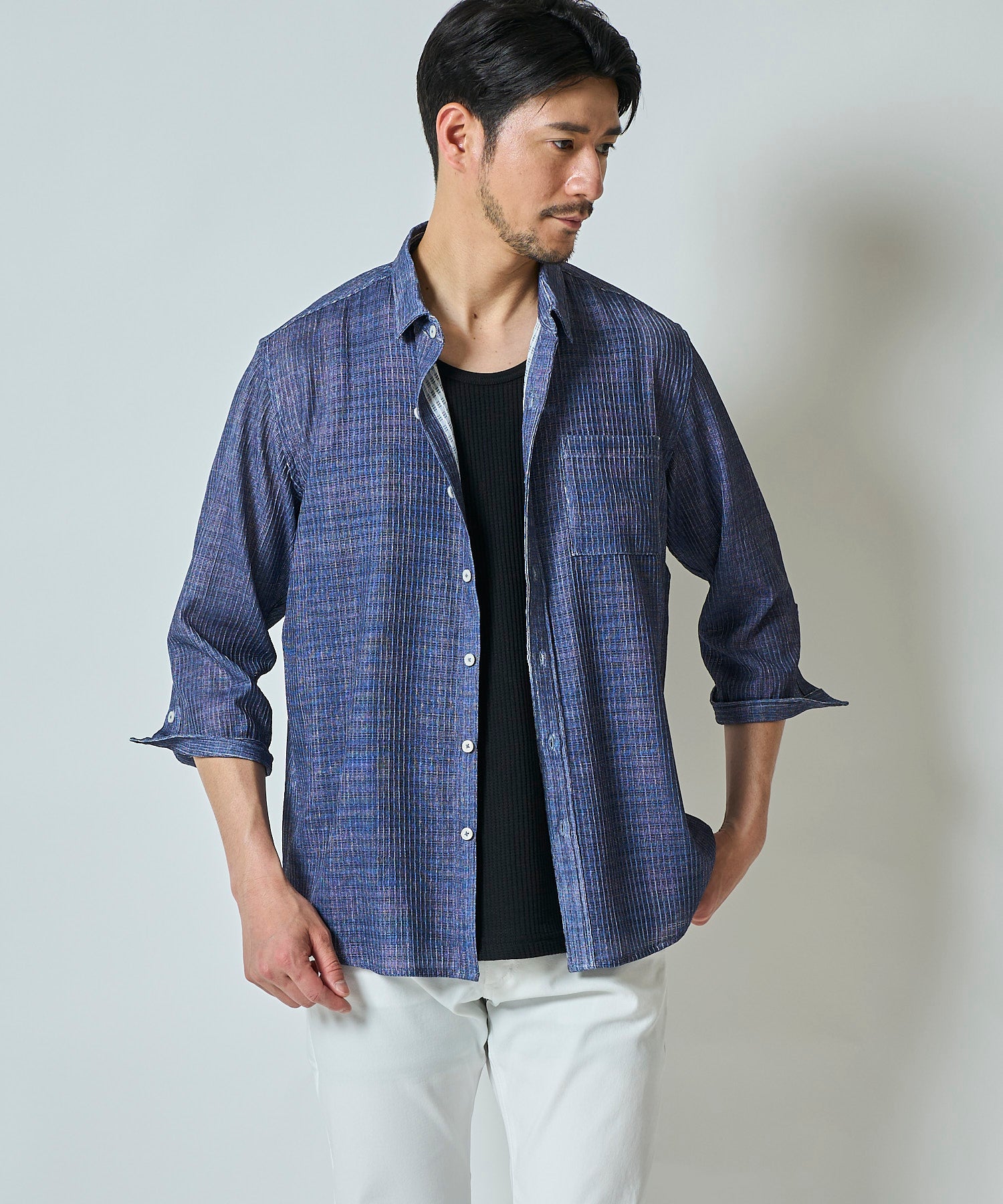 通気性の良いグレンチェック柄プリント7分袖シャツ