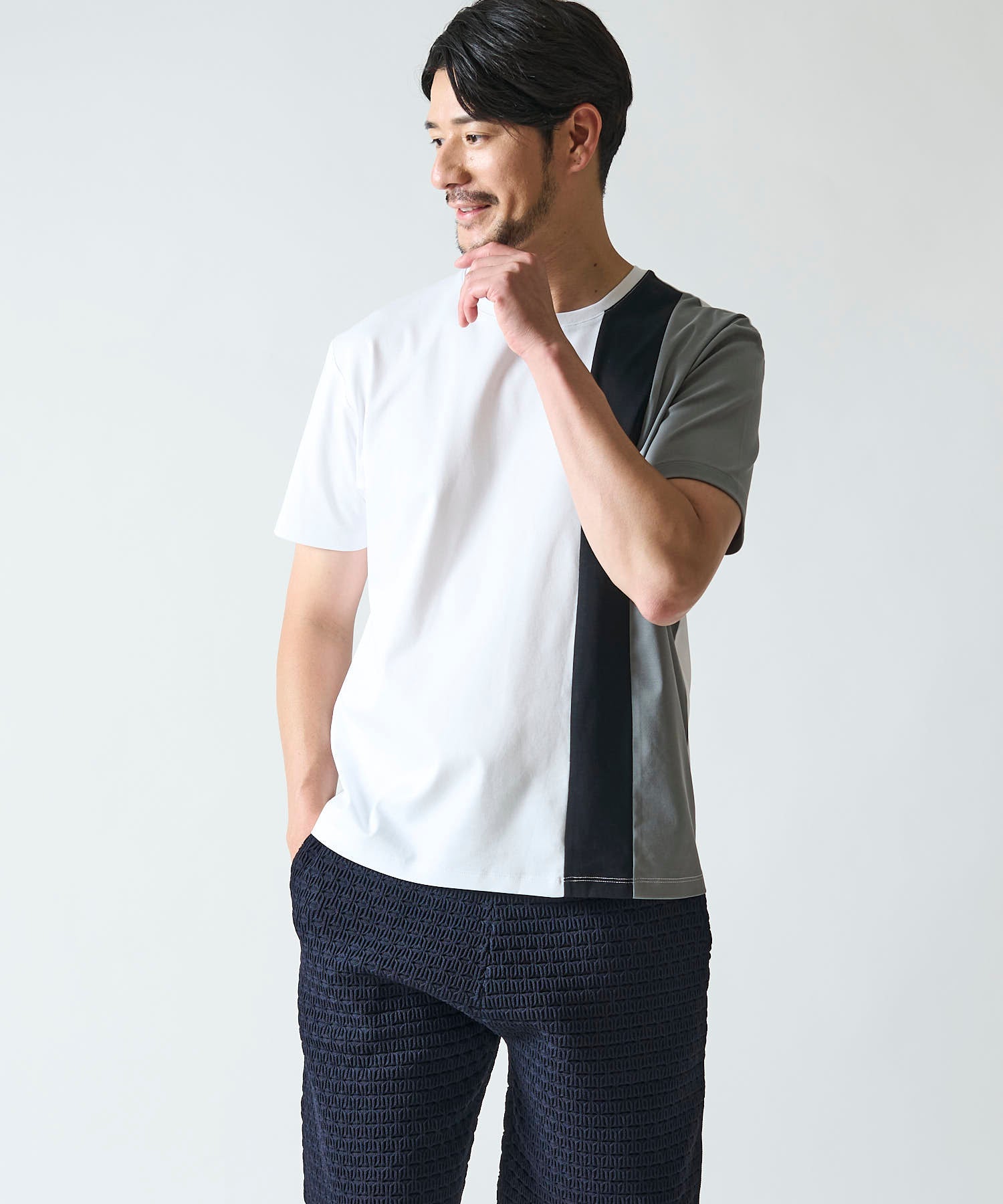 シルケット天竺切替えクルーネックTシャツ
