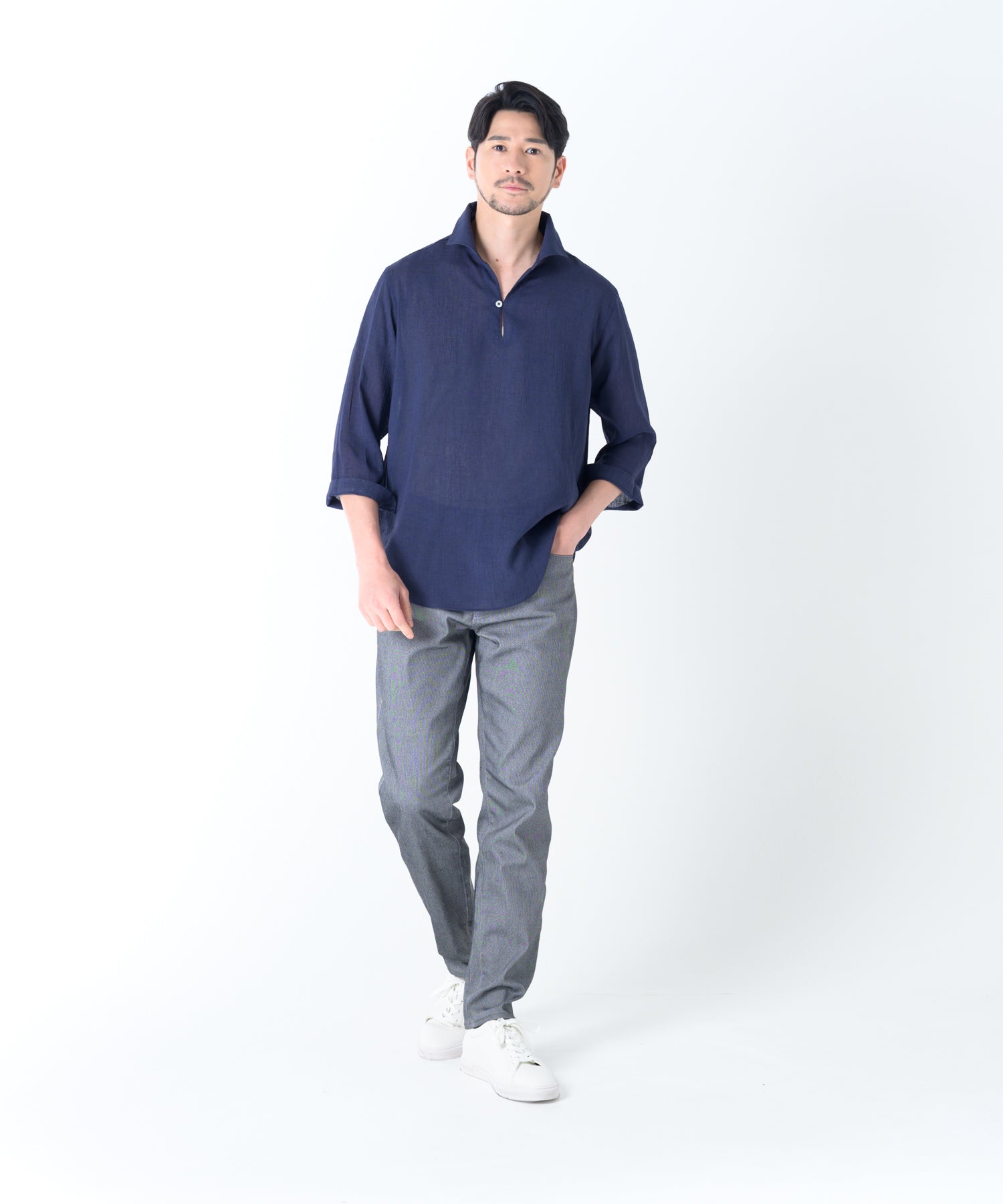 【展開店舗限定】リネンライク ウォッシャブル スキッパーシャツ