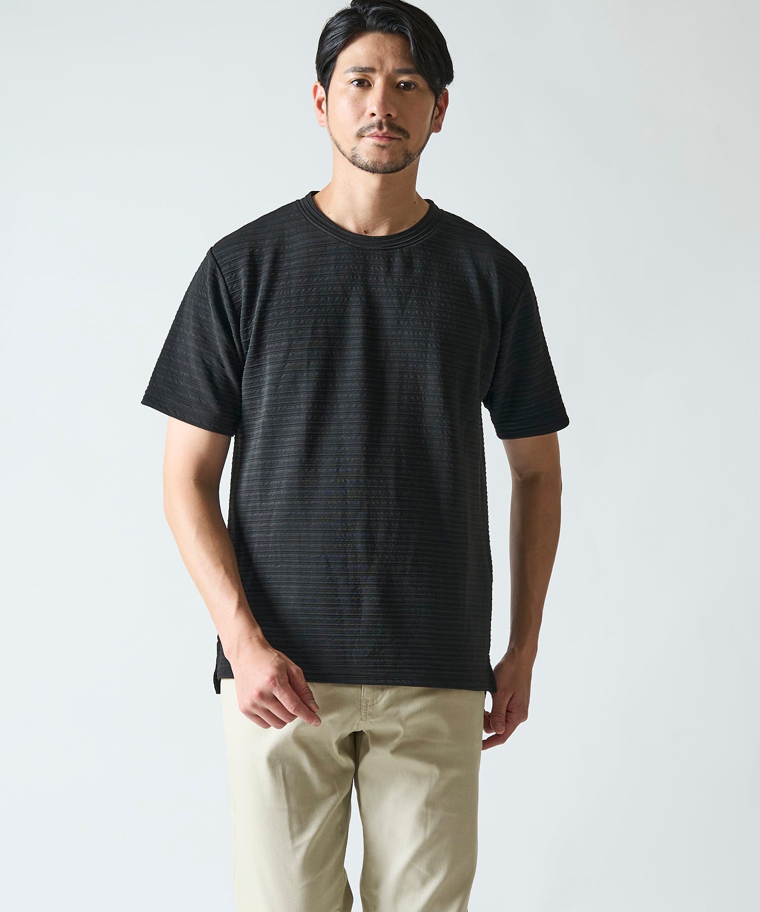 地柄系ボーダークルーネックＴシャツ