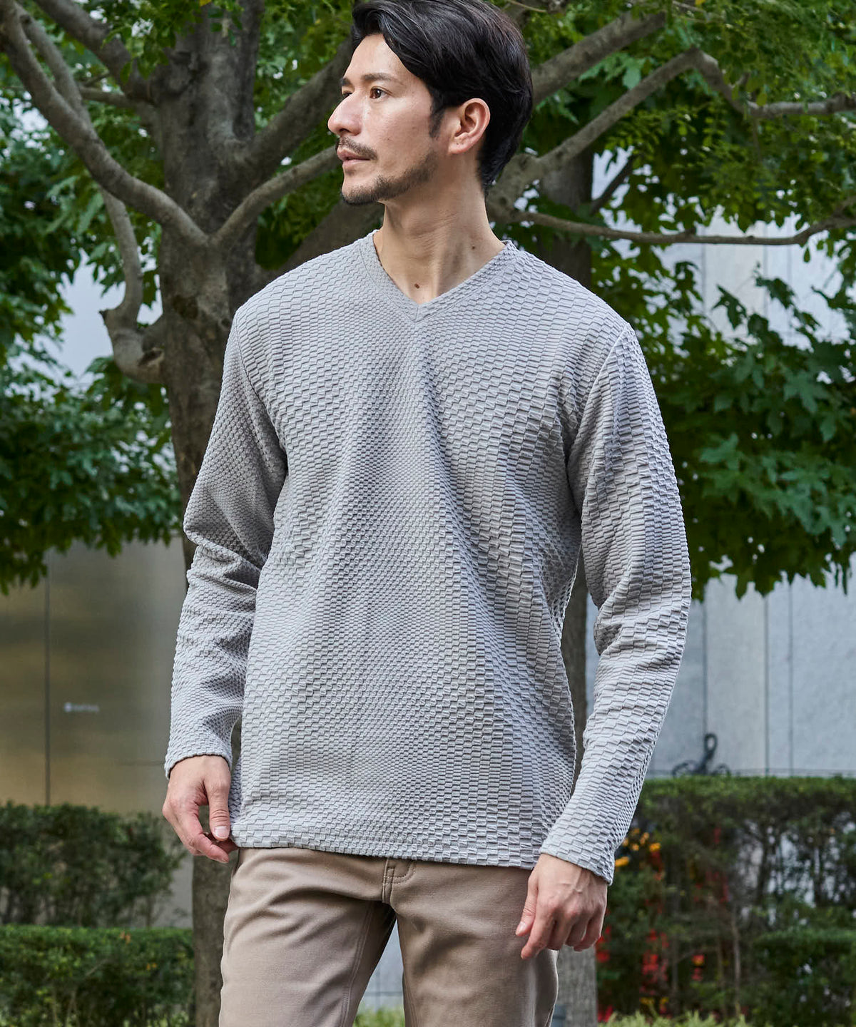TETE HOMME｜テットオム ブリスタージャガードVネックロンT メンズ Tシャツ