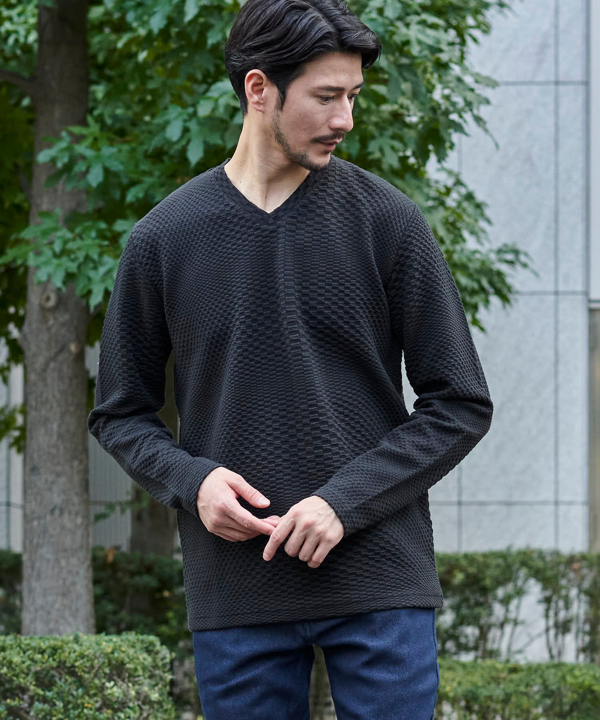TETE HOMME｜テットオム ブリスタージャガードVネックロンT メンズ Tシャツ